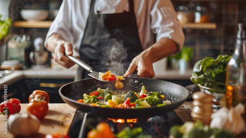 Male chef with spatula frying tasty vegetables in kitchen  photo