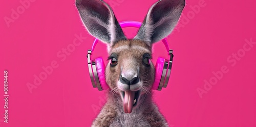 Stylish Kangaroo Wearing Pink Headphones with Tongue Sticking Out