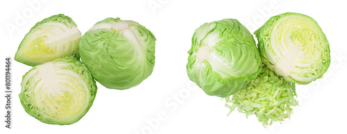 Green cabbage with half isolated on white background with full depth of field. Top view. Flat lay