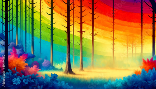 Colorful Impressionistic Forest Scene - Artistic Woodland with Rainbow Colors Background, Wall Art, Posters, Wallpaper