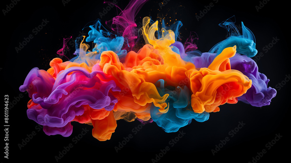 Colorful smoke explosion on a black background, a vibrant color cloud of ink in water, a dynamic liquid paint effect, colorful abstract art. Colorful smoke explosion on a black background, a vibrant color cloud of ink in water, a dynamic liquid paint effect, colorful abstract art.