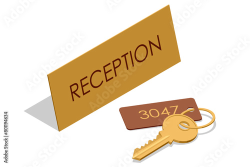 Isometric Hotel reception interior. Reception desk. Keys with keychain, Room key at hotel