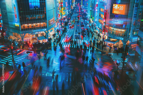 Blurred Motion of Crowds and Traffic in Tokyo's Vibrant Cityscape at Night