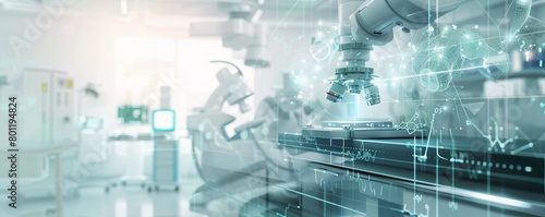 A robot is in a hospital room with a computer screen showing a 3D image of a human body. The robot is designed to assist with medical procedures and is surrounded by medical equipment