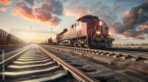 Create a detailed and realistic 3D rendering with locomotive train transportation