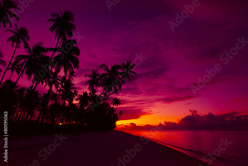 Tropical beach during vivid sunset with calm ocean and coconut palm trees silhouettes and colorful clouds © nevodka.com