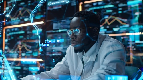 A young confident African American man  programmer  IT specialist  engaged in software  coding  cybersecurity surrounded by large digital computer screens in the System Management Center