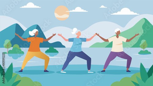 A group of seniors perform a tai chi form by a tranquil lake promoting improved balance posture and muscle control.