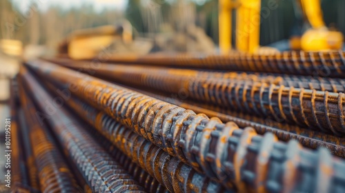 Close-up of rusty steel reinforcement bars at a construction site, focusing on the texture and patterns of corrosion and construction materials. photo