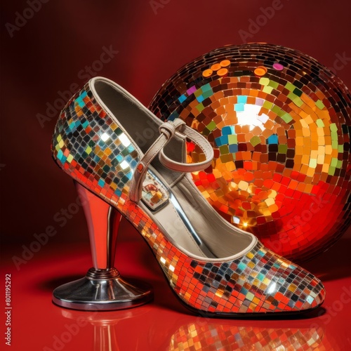A silver disco ball sits on a red table next to a silver and mirrored stiletto heel photo