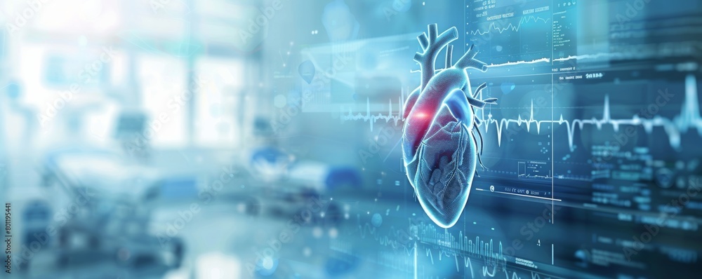 Obraz premium A heart is shown in a hospital room with a computer screen behind it. The heart is surrounded by a blue background and has a red line through it. Concept of urgency and importance