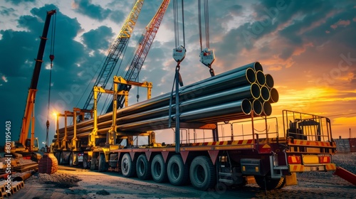 Cranes and large pipes during sunset at a construction site, highlighting the dynamic and large-scale operations in industrial construction.