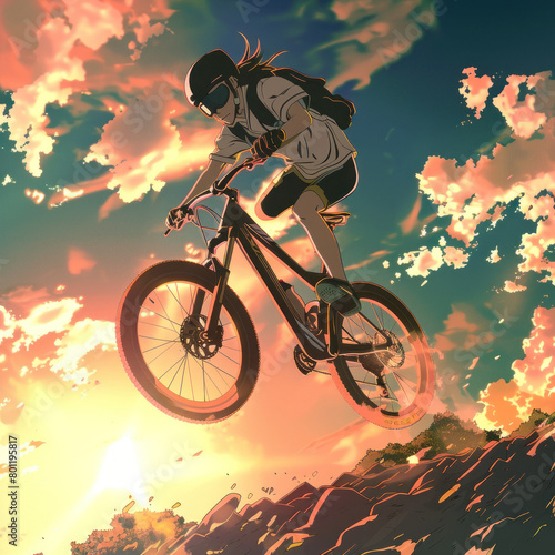 Cyclist soaring through a vibrant sunset sky
