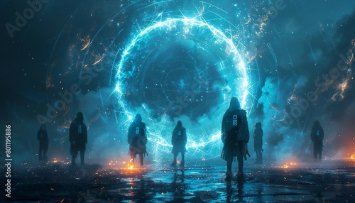 Guardians of Quantum Security, group of futuristic sentinels standing guard around a glowing orb, symbolizing quantum encryption.