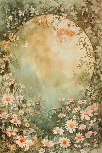 Fantasy fairy garden background, full moon and daisies flowers, watercolor illustration. Magical landscape with wildflowers.