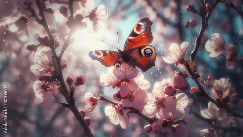 A butterfly perches on a cherry blossom branch, pollinating the flower