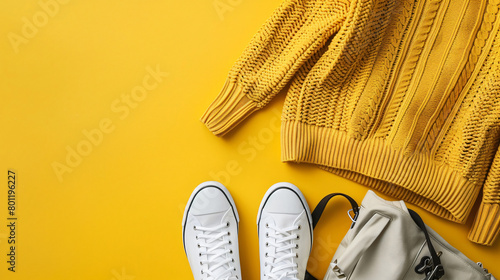 Male sweater shoes and bag on yellow background