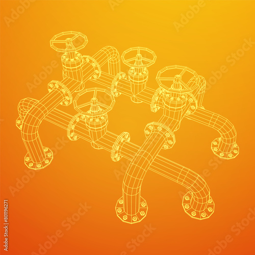 Oil pipeline with valve. Petrol production. Petroleum fuel industry transportation line. Wireframe low poly mesh vector illustration