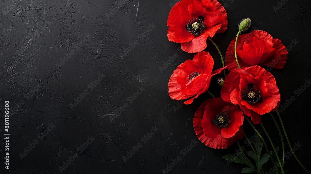 Red poppies on black background. Remembrance Day with wide copy space Red poppies on black background. Remembrance Day with wide copy space