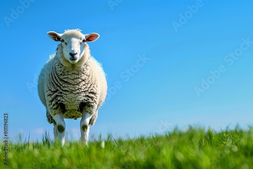 White sheep standing in sunny green field under clear blue sky background