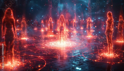 Guardians of Quantum Security, group of futuristic sentinels standing guard around a glowing orb, symbolizing quantum encryption.