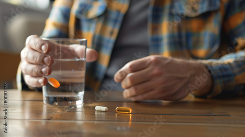 Man holding pills and glass of water on table closeup