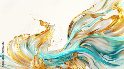 A realistic, high-definition image showing swirling waves in gold and azure blue, crisply set against a white backdrop.