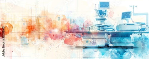 A colorful painting of a hospital room with a bed and a monitor. The painting is abstract and has a sense of chaos and disorder