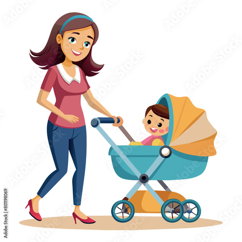 Young mom pushing stroller-