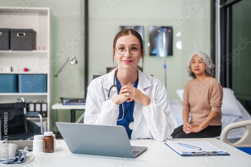 Caucasian female psychiatrist sits at her desk, providing mental health consultations and therapy sessions to her patients with empathy and expertise.