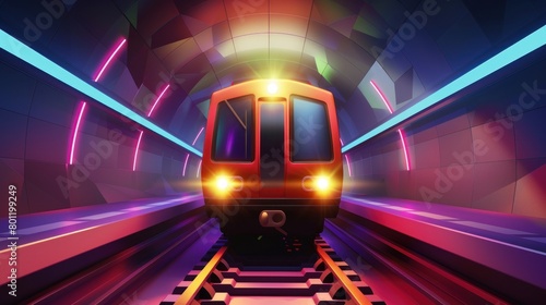 Train approaching in a geometric colorful tunnel