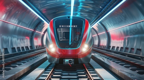 Futuristic train approaching in illuminated tunnel photo