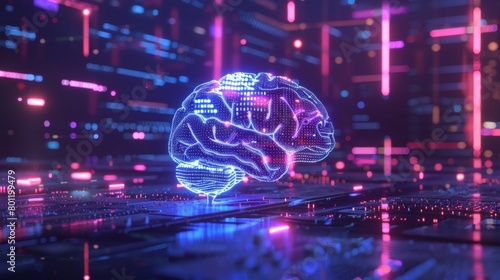 Big data and artificial intelligence concept. Human brain glowing from processor, symbolizing the fusion of human intelligence and machine learning capabilities. Evolution of technology of data