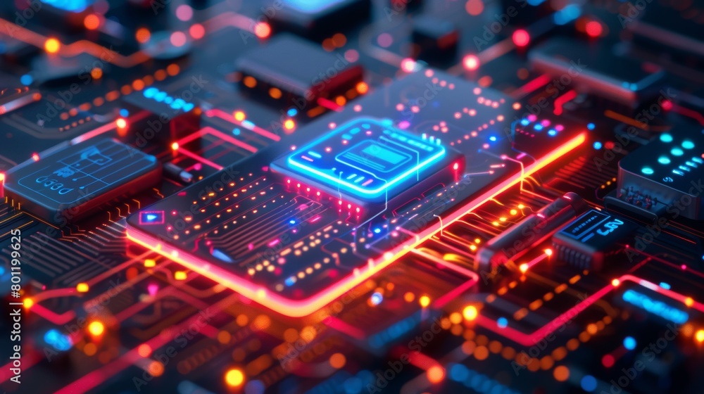 A computer chip is lit up in a colorful display. The chip is surrounded by a network of wires and circuits. Concept of technology and innovation, as well as the complexity of modern computing