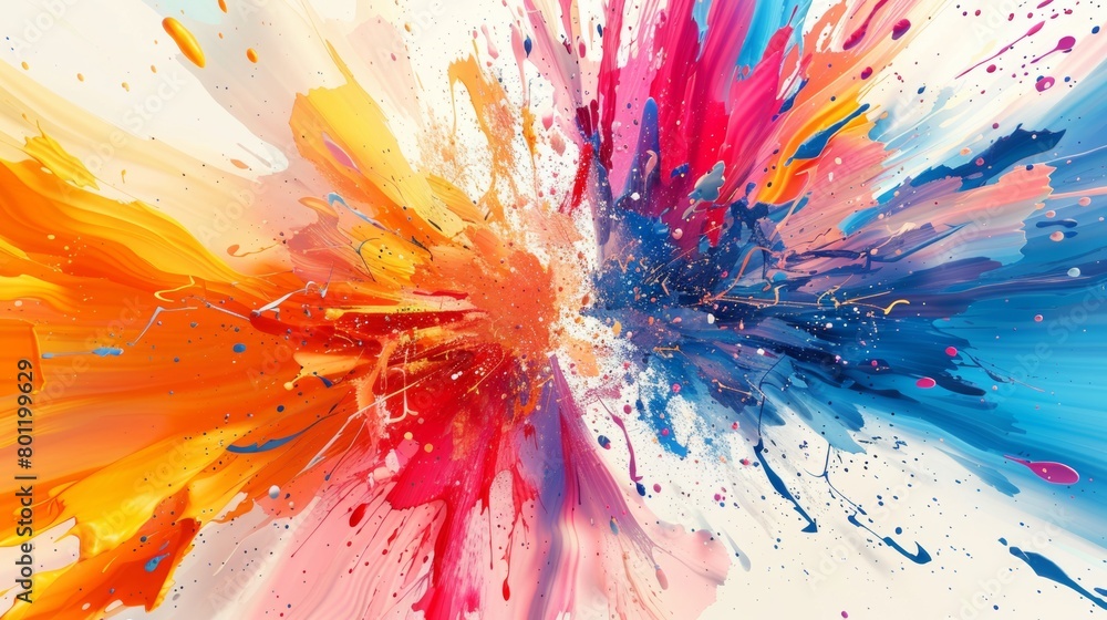 A colorful explosion of shapes and lines emanating from a single point in the center, fading outwards into white space.