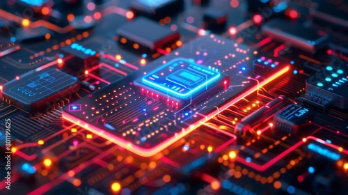 A computer chip is lit up in a colorful display. The chip is surrounded by a network of wires and circuits. Concept of technology and innovation, as well as the complexity of modern computing