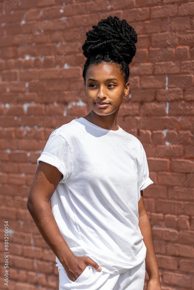 Woman in white outfit, streetwear fashion Woman in white outfit, streetwear fashion