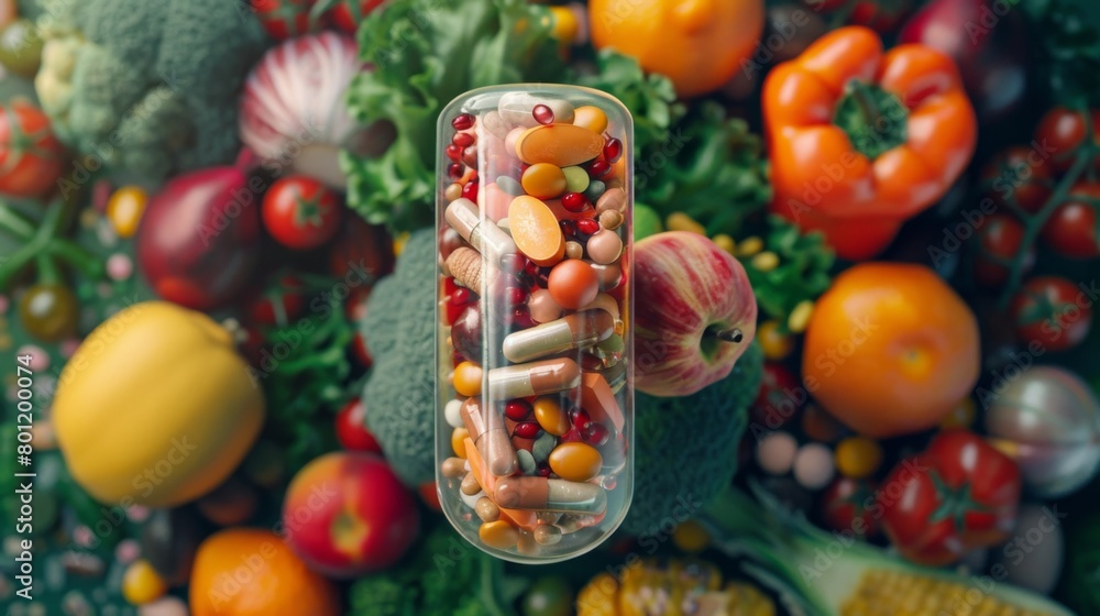 Clear capsule overflowing with essential multivitamins and dietary supplements, surrounded by an array of colorful, fresh vegetables and fruits, symbolizing a health - conscious lifestyle choice