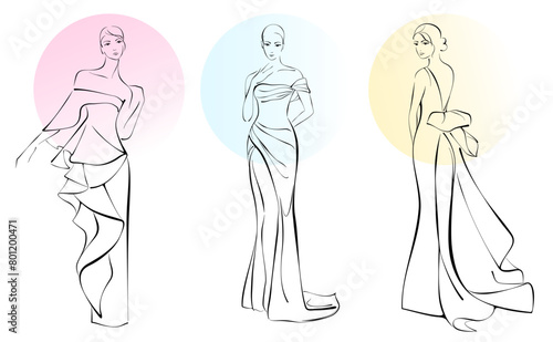 1479_Fashion sketch of three beautiful woman wearing elegant gown