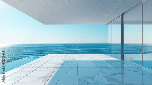A minimalist modern style scene with an empty floor and glass walls, overlooking the vast sea outside. The sky is a clear blue color. Generative AI. © visoot