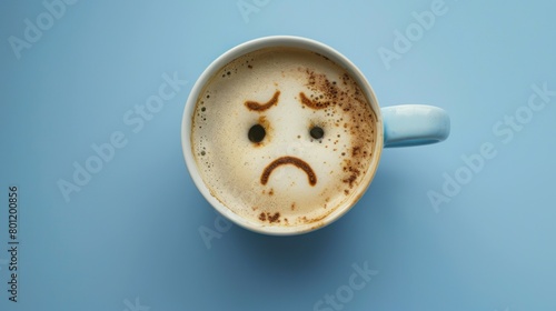 Coffee cup with sad face drawn on coffee milk foam. Top view to mug with coffee on blue background. Blue Monday, hard morning, difficult day, negative emotions, loneliness, loss, problem, difficulties
