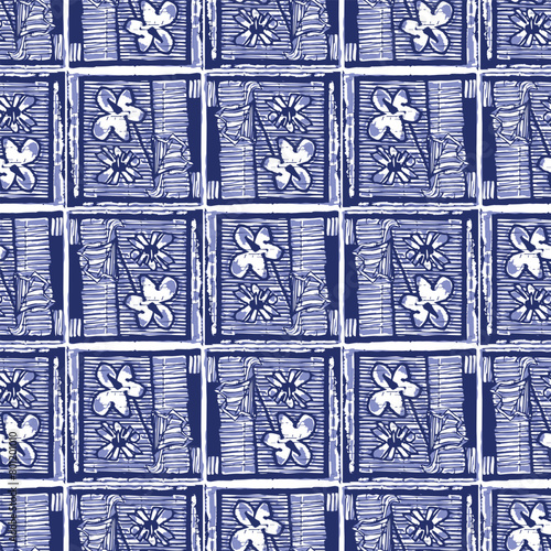 Indigo blue Japanese block print effect pattern. Seamless hand made vector design for fabric batik background and faded fashion repeat.