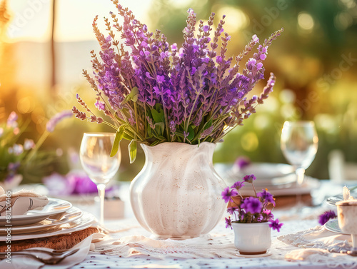 Lavender bouquet in a white vase on dining table set outdoors at sunset. Elegant alfresco concept
