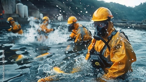 Workers in protective gear, helmets, aquatic construction, dam structure, aquaculture, leaping yellow fish, splashing water. Generative AI.