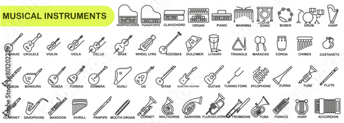 Pictures of different musical instruments with names. Set of musical instruments in thin line.