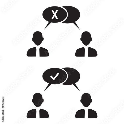 Cabezas de personas con burbujas de discurso con signo de aprobación y cruz blanca. Vector