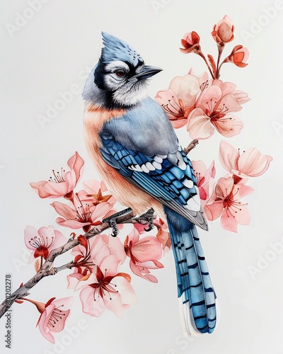 Watercolor, hand drawn Blue Jay, vibrant colors on a serene floral branch, nature themed artwork photo