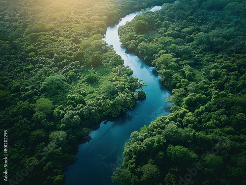 Aerial view of a winding river cutting through a dense  vibrant green forest  illuminating the lush biodiversity and the lifeblood of the ecosystem.