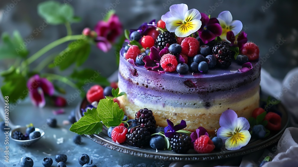 A blue berry layered cake ombre mousse cake decorated with fresh berries and edible viola flowers