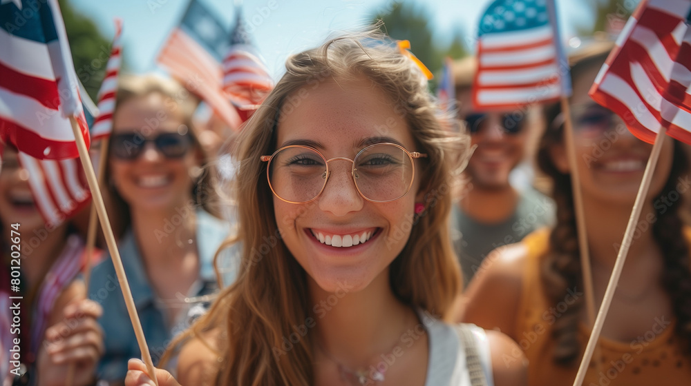 Young woman smiling, holding American flags at outdoor event. Young woman smiling, holding American flags at outdoor event.